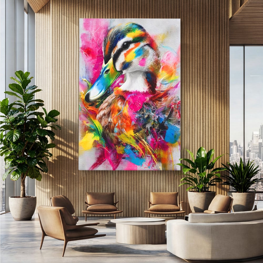 Tablou canvas cu tablou canvas cu rata colorata, fara rama, pe sasiu de lemn, pe perete intr-un birou